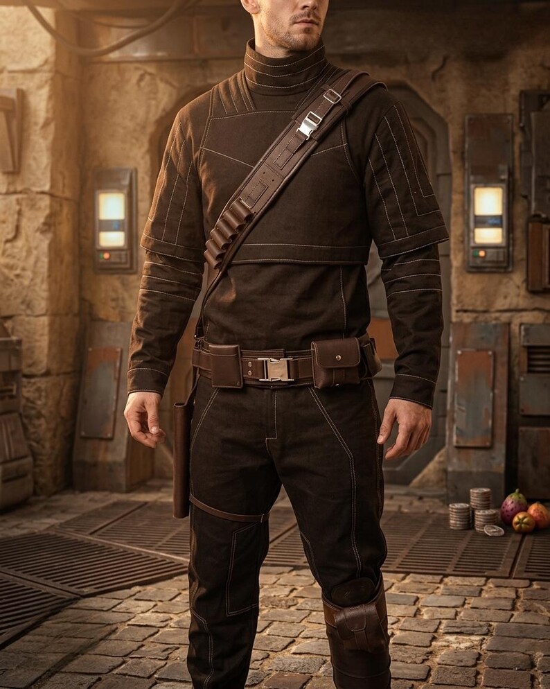 May include: Brown costume with a high collar, long sleeves, and a matching belt. The outfit features white stitching details and a leather shoulder strap with pouches. The trousers have knee pads and a holster. Ideal for cosplay or costume events.
