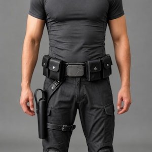 K&ouml;nnte beinhalten: Ein schwarzer taktischer G&uuml;rtel mit mehreren rechteckigen Taschen, silbernen Druckkn&ouml;pfen und einer geometrischen Schnalle. Ein passendes schwarzes Holster ist am G&uuml;rtel befestigt und wird mit einem Riemen am Oberschenkel gesichert.