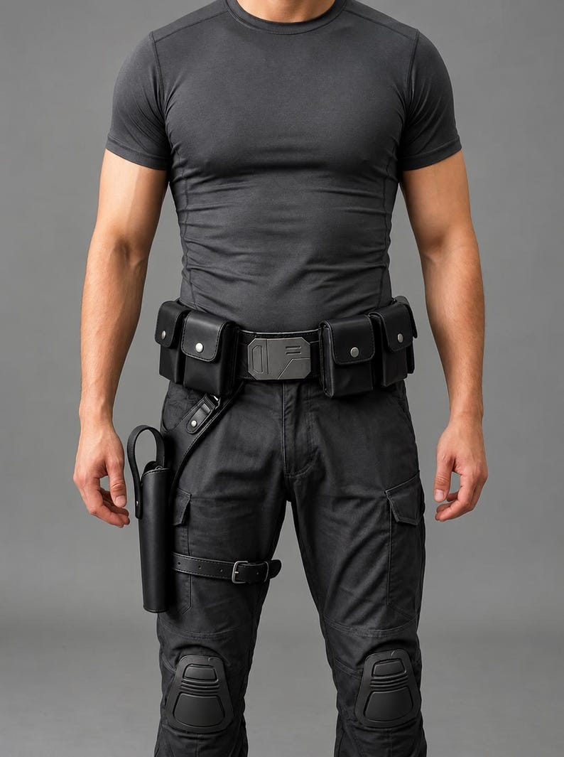 K&ouml;nnte beinhalten: Ein schwarzer taktischer G&uuml;rtel mit mehreren rechteckigen Taschen, silbernen Druckkn&ouml;pfen und einer geometrischen Schnalle. Ein passendes schwarzes Holster ist am G&uuml;rtel befestigt und wird mit einem Riemen am Oberschenkel gesichert.