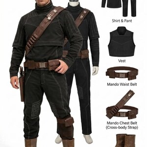 May include: Black costume with brown leather details, including a shirt, trousers, vest, belt, and boots. The outfit features a cross-body strap and a holster. The boots are brown leather.