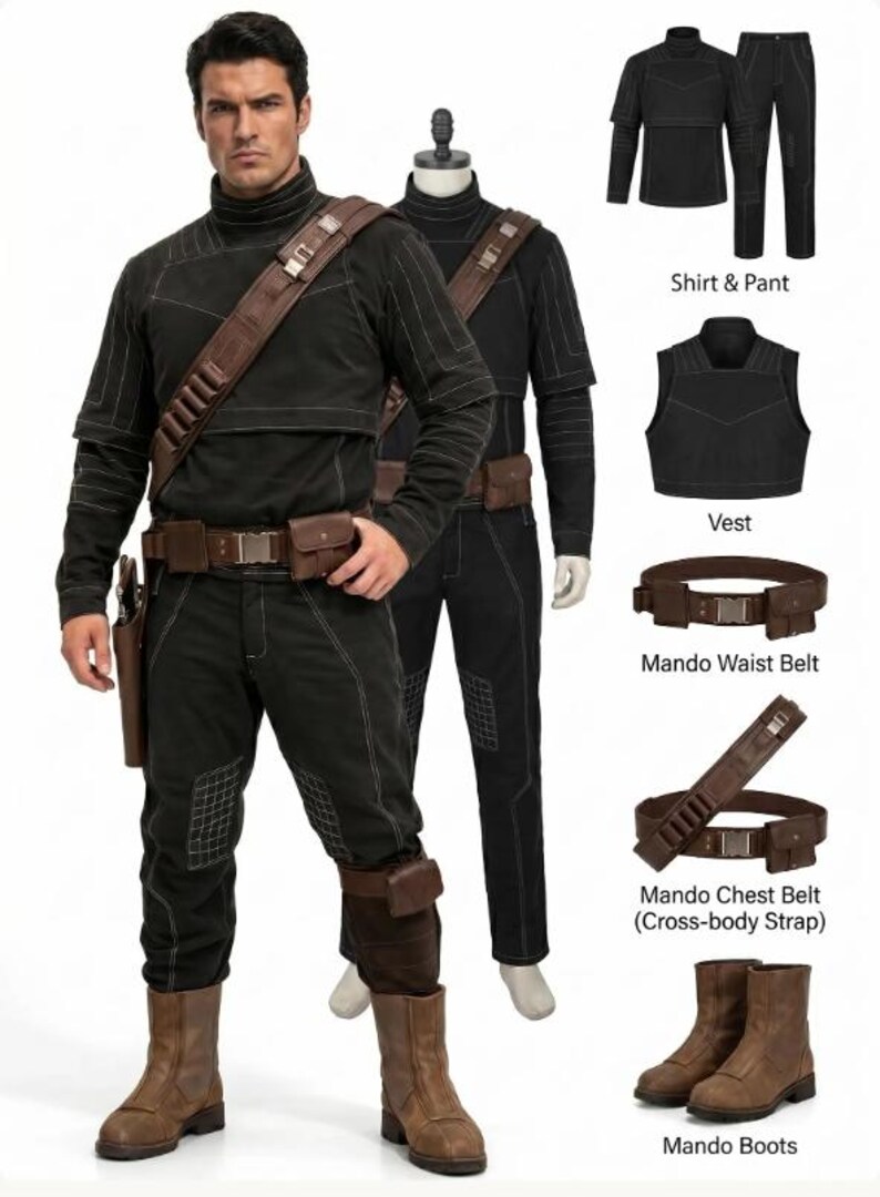 May include: Black costume with brown leather details, including a shirt, trousers, vest, belt, and boots. The outfit features a cross-body strap and a holster. The boots are brown leather.