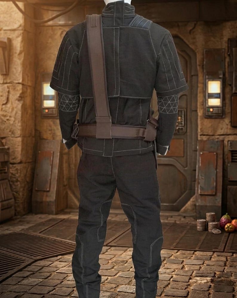 May include: Black tactical outfit with white stitching. The outfit includes a short-sleeved jacket, trousers, and a brown belt and shoulder strap. The jacket features geometric patterns on the sleeves. Suitable for costume or cosplay.