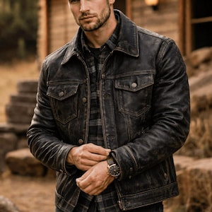 May include: A distressed dark charcoal leather jacket with a pointed collar, two chest pockets with button flaps, and a front zip fastening. The jacket is worn over a dark grey and black plaid button-down shirt and dark blue denim jeans.