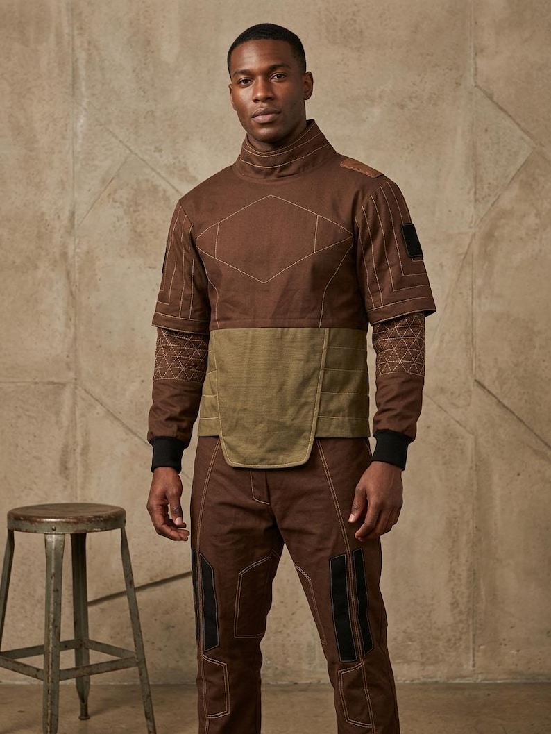 May include: Brown two-piece outfit with geometric stitching and accents. The top has a high collar, short sleeves with patterned fabric, and a contrasting olive green panel. The pants have black panels and stitching details. A metal stool is in the background.