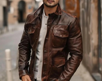 Herren Distressed Braun Leder Trucker Jacke: Vintage Slim Fit