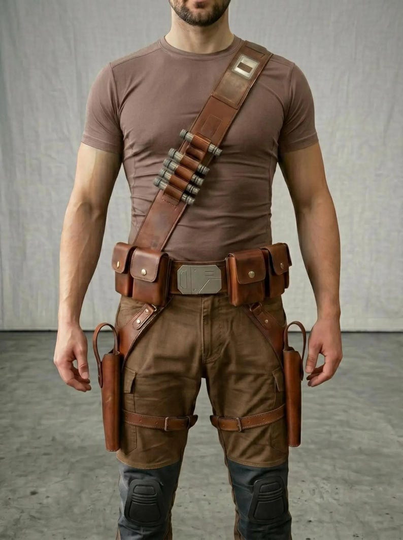 K&ouml;nnte beinhalten: Ein brauner Leder-Bandolier mit metallischen zylindrischen Akzenten &uuml;ber einem braunen T-Shirt, kombiniert mit einem passenden Leder-G&uuml;rtel mit mehreren Taschen, einer zentralen Metallschnalle und zwei seitlichen Holstern &uuml;ber einer braunen Hose.