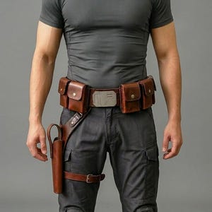 K&ouml;nnte beinhalten: Ein brauner Leder-G&uuml;rtel mit mehreren rechteckigen Taschen mit metallischen Druckkn&ouml;pfen, einer rechteckigen silberfarbenen Schnalle mit eingravierten Linien und einem befestigten Holster mit einem Beinstrap mit Schnalle.