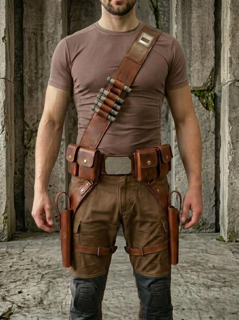 K&ouml;nnte beinhalten: Ein braunes T-Shirt kombiniert mit einem braunen Leder-G&uuml;rtelsystem, das einen Schulterriemen mit Metallzylindern, mehrere Aufbewahrungstaschen, eine zentrale rechteckige Schnalle und zwei seitliche Holster an den Oberschenkeln umfasst.