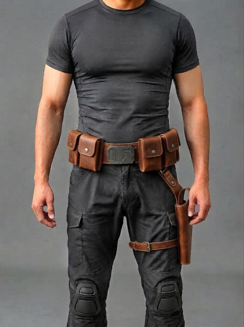 K&ouml;nnte beinhalten: Ein brauner Leder-G&uuml;rtel mit vier rechteckigen Taschen, die &uuml;ber Metall-Druckkn&ouml;pfe verf&uuml;gen, und einer zentralen Metallschnalle. Ein passendes Lederholster ist am G&uuml;rtel befestigt und reicht mit einem verstellbaren Riemen bis zum Oberschenkel.
