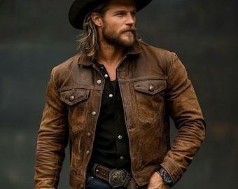Robuste Herren-Truckerjacke aus Distressed-Leder - Vintage Western Cowboy Style pkk