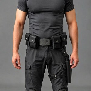 K&ouml;nnte beinhalten: Ein schwarzes kurz&auml;rmeliges T-Shirt kombiniert mit einer schwarzen taktischen Cargohose mit Knieschonern. Ein schwarzer Einsatzg&uuml;rtel wird in der Taille getragen, ausgestattet mit vier rechteckigen Taschen, einer Metallschnalle und einem Holster.