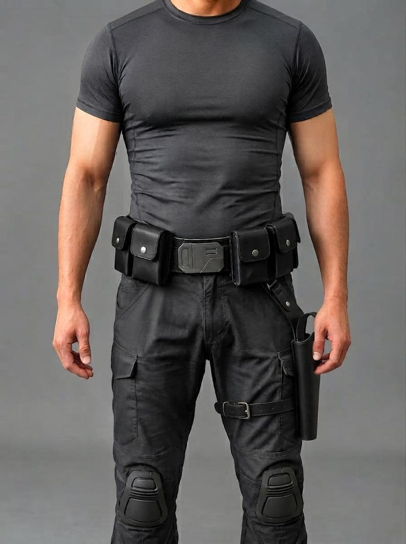 K&ouml;nnte beinhalten: Ein schwarzes kurz&auml;rmeliges T-Shirt kombiniert mit einer schwarzen taktischen Cargohose mit Knieschonern. Ein schwarzer Einsatzg&uuml;rtel wird in der Taille getragen, ausgestattet mit vier rechteckigen Taschen, einer Metallschnalle und einem Holster.