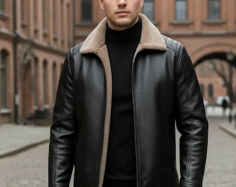 Veste homme en faux cuir et peau retournée - Bomber aviateur d'hiver avec doublure chaude en peau de mouton retournée