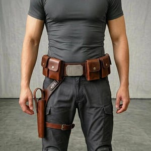 K&ouml;nnte beinhalten: Ein brauner Leder-G&uuml;rtel mit vier rechteckigen Taschen mit Druckkn&ouml;pfen, einer zentralen Metallschnalle mit geometrischen Gravuren und einem integrierten Holster mit Beinschlaufe, getragen &uuml;ber einem dunkelgrauen T-Shirt und einer Cargohose.