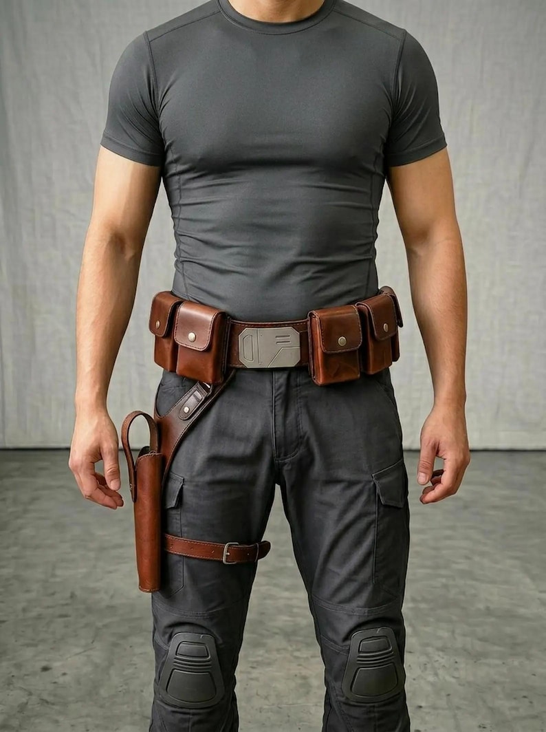 K&ouml;nnte beinhalten: Ein brauner Leder-G&uuml;rtel mit vier rechteckigen Taschen mit Druckkn&ouml;pfen, einer zentralen Metallschnalle mit geometrischen Gravuren und einem integrierten Holster mit Beinschlaufe, getragen &uuml;ber einem dunkelgrauen T-Shirt und einer Cargohose.