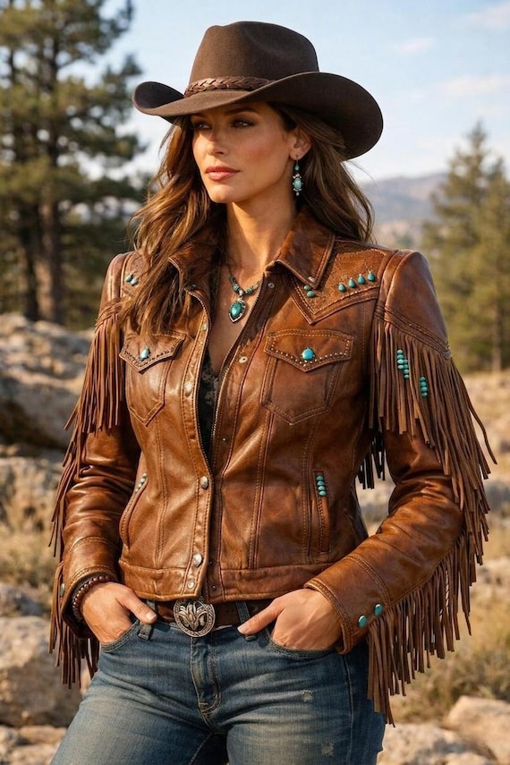 Brown Leather Western Fringe Jacket with Turquoise Studs, Boho Cowgirl Coat