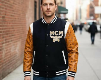 MCM Style Varsity Jacke - Wolle & Echtleder Ärmeln - Bestickte Bomberjacke