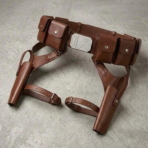 K&ouml;nnte beinhalten: Ein brauner Leder-G&uuml;rtel mit vier rechteckigen Taschen mit silberfarbenen Druckkn&ouml;pfen, einer zentralen silberfarbenen geometrischen Schnalle und zwei Holstern mit verstellbaren Beingurten, die durch Metallschnallen gesichert sind.