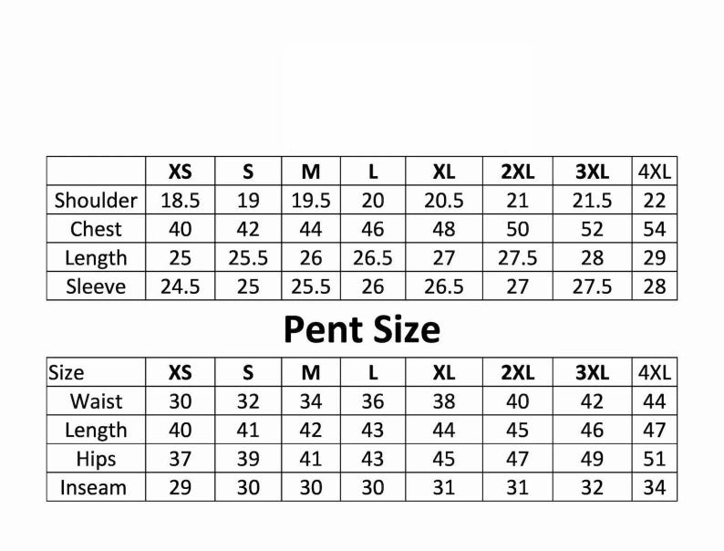 Puede incluir: Un gr&aacute;fico blanco con texto negro que muestra las medidas de tallas de ropa. El gr&aacute;fico incluye medidas de hombros, pecho, largo y manga para tallas XS a 4XL. Un segundo gr&aacute;fico muestra tallas de pantal&oacute;n, incluyendo cintura, largo, cadera y entrepierna.