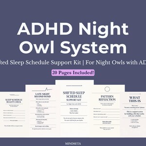 Può includere: Sistema ADHD Night Owl, un kit di supporto per i nottambuli con ADHD. Il kit include 20 pagine di fogli di lavoro e guide. Il testo include "Shifted Sleep Schedule Support Kit" e "20 Pages Included!" su sfondo blu scuro.