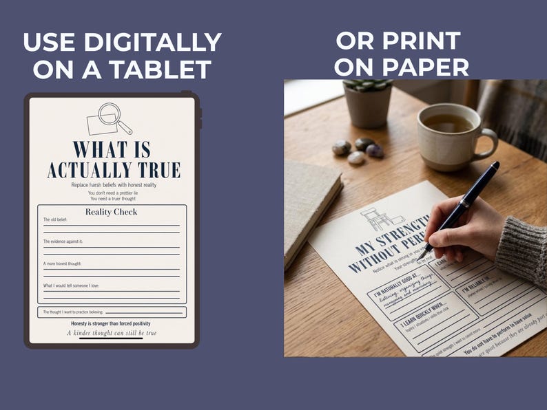 K&ouml;nnte beinhalten: Das Bild zeigt ein Arbeitsblatt mit dem Titel &bdquo;WHAT IS ACTUALLY TRUE&ldquo; auf einem Tablet und auf Papier gedruckt. Der Text ermutigt zur ehrlichen Selbstreflexion. Die gedruckte Version wird mit einem Stift beschrieben.