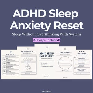 以下が含まれることがあります： 「ADHD Sleep Anxiety Reset」というタイトルのデジタル製品で、「Sleep Without Overthinking With System」と「20 Pages Included!」というテキストが入っています。この製品は、夜間のチェックイン、ルール、システムの使い方のセクションがある白黒のデザインです。