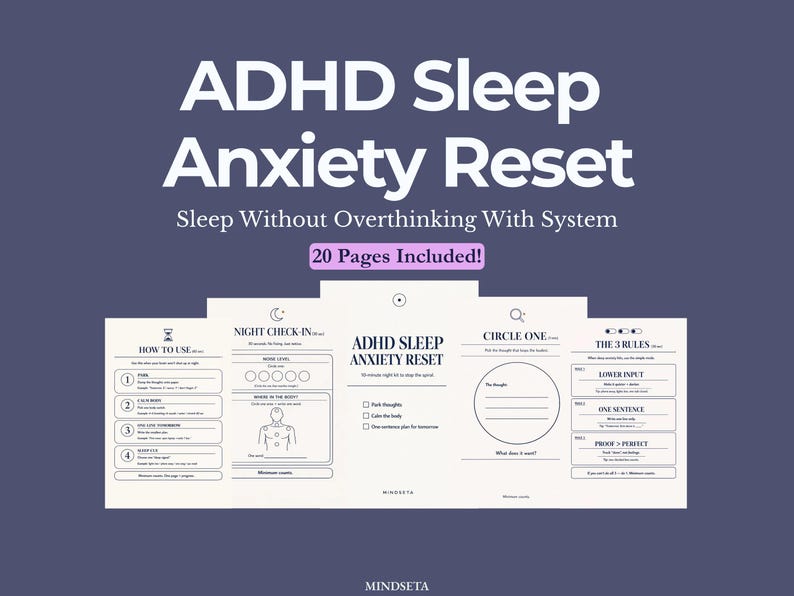 以下が含まれることがあります： 「ADHD Sleep Anxiety Reset」というタイトルのデジタル製品で、「Sleep Without Overthinking With System」と「20 Pages Included!」というテキストが入っています。この製品は、夜間のチェックイン、ルール、システムの使い方のセクションがある白黒のデザインです。
