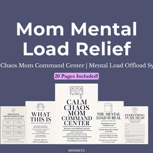 May include: A navy blue graphic with the text "Mom Mental Load Relief" and "Calm Chaos Mom Command Center". The image includes several pages with titles like "Errands & Appointments Hub" and "What This Is". The text "20 Pages Included!" is also visible.