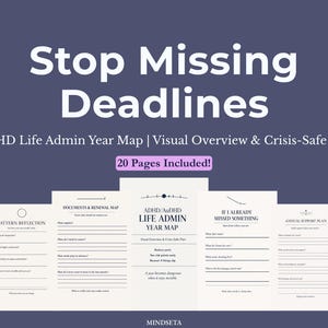 Peut inclure: Un planificateur numérique avec le texte "Stop Missing Deadlines" et "AuDHD Life Admin Year Map". Le planificateur comprend diverses pages pour la planification et la réflexion, avec le texte "20 Pages Included!" sur fond violet.
