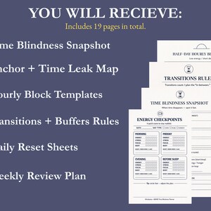 May include: A digital planner with a dark blue background and white text. The text reads "YOU WILL RECIEVE: Includes 19 pages in total." The planner includes templates for time management, including a time blindness snapshot and daily reset sheets.