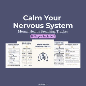 Pode incluir: Um rastreador de respiração para a saúde mental com o título "Calme o seu sistema nervoso". A imagem inclui secções para um cartão de calma de emergência, um menu de respiração e um diário diário de respiração e humor. O texto "18 páginas incluídas!" também é visível.