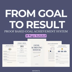 Puede incluir: Un planificador digital titulado "De la meta al resultado" con el subtítulo "Sistema de logro de metas basado en pruebas". El planificador incluye 20 páginas. Las páginas incluyen secciones para la construcción de estrategias, controles de energía y logro de metas.