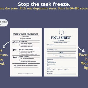 May include: Two white cards with text on a dark blue background. The cards contain instructions for focus and dopamine reset. The text includes "Anti-Scroll Protocol" and "Focus Sprint". The image also has the text "Stop the task freeze."