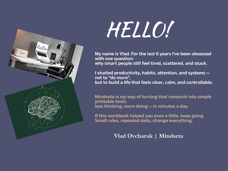 K&ouml;nnte beinhalten: Eine marineblaue Grafik mit dem Wort "HELLO!" in wei&szlig;er Schrift. Der Text beschreibt ein Produktivit&auml;tssystem, "Mindseta", mit einer Gehirngrafik und einem Arbeitsplatzfoto. Der Autor hei&szlig;t Vlad Ovcharuk.