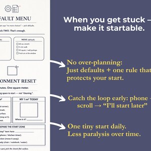 May include: A productivity guide with a navy blue background and white text. The guide includes a "Default Menu" with food and move options, an "Environment Reset" section, and tips for starting tasks. The text reads "When you get stuck - make it startable."