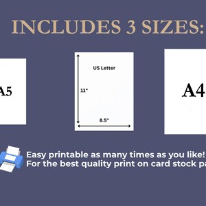 以下が含まれることがあります： 紺色の背景に、A5、US Letter（27.9 cm x 21.6 cm）、A4の3つの用紙サイズが表示された画像。「INCLUDES 3 SIZES:」のテキストが上部にあります。下部には「Easy printable as many times as you like! For the best quality print on card stock paper.」と書かれています。