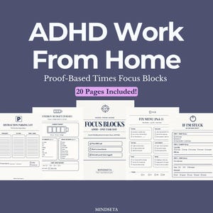 Puede incluir: Un planificador digital titulado "ADHD Work From Home" con el texto "Proof-Based Times Focus Blocks" y "20 Pages Included!". El planificador incluye secciones para el estacionamiento de distracciones, el presupuesto energético, los bloques de enfoque y más. El fondo es azul oscuro.