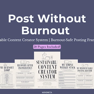 Puede incluir: Un producto digital titulado "Post Without Burnout" sobre un fondo morado oscuro. El producto incluye un sistema de creación de contenido sostenible y un marco de publicación a prueba de agotamiento. El texto "20 Pages Included!"