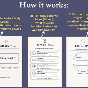 以下が含まれることがあります： 「How it works:」というタイトルのインフォグラフィックで、睡眠を改善するための3つのステップを説明しています。ステップは、脳を落ち着かせ、就寝時のフォーカスを選択し、睡眠の動きを記録することです。各ステップには視覚的なガイドが付属しています。