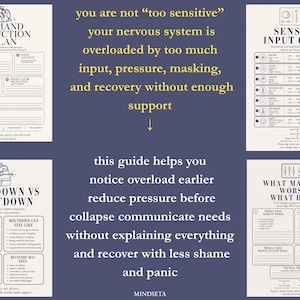 May include: A navy blue graphic with text and diagrams. The text reads "Demand Reduction Plan", "Shutdown vs Meltdown", "Sensory Input Check", and "What Makes it Worse/What Helps". The guide helps to notice overload and reduce pressure.