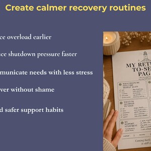 May include: A printed "My Return-To-Self Page" with prompts for self-reflection, alongside a lit candle and dried flowers. The page includes sections for needs, support, and gentle steps. Text reads "Create calmer recovery routines."