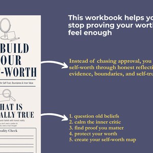 K&ouml;nnte beinhalten: Ein Arbeitsbuch mit dem Titel "REBUILD YOUR SELF-WORTH" und dem Untertitel "A Guided Workbook for Self-Trust, Boundaries & Inner Value." Das Cover zeigt Illustrationen und Text. Der Text lautet "What is Actually True."