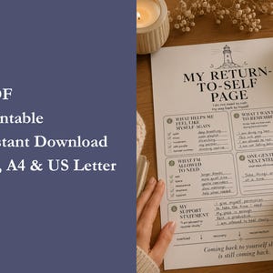 May include: A printable self-reflection page with the title "MY RETURN-TO-SELF PAGE" and sections for self-assessment. The page includes prompts for identifying needs and support statements. The image also shows "PDF", "Printable", "Instant Download", and "A5, A4 & US Letter".