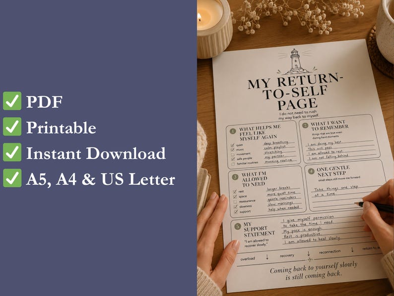 May include: A printable self-reflection page with the title "MY RETURN-TO-SELF PAGE" and sections for self-assessment. The page includes prompts for identifying needs and support statements. The image also shows "PDF", "Printable", "Instant Download", and "A5, A4 & US Letter".