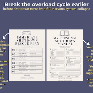 May include: Two-page document with the text "Break the overload cycle earlier" and "Immediate Shutdown Rescue Plan" and "My Personal Shutdown Manual". The document is on a dark blue background with white text and arrows.