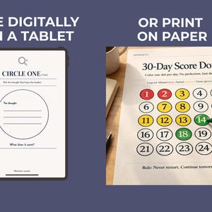 以下が含まれることがあります： 「CIRCLE ONE」ワークシートを表示するタブレットと、印刷された「30-Day Score Dots」チャートの2つのオプションを示す画像。チャートには、色を塗るための番号付きの円があり、「Never restart. Continue tomorrow.」というテキストが表示されています。