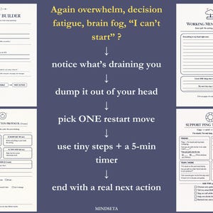 May include: A navy blue graphic with white text and templates for mental clarity. The image includes sections for a clarity builder, restart button protocol, working memory dump, and support ping templates. The text includes phrases like "notice what's draining you" and "end with a real next action."