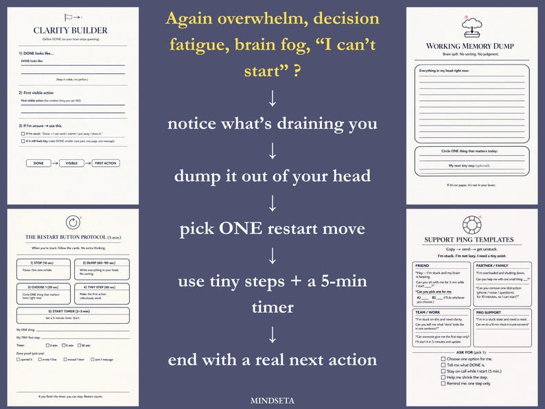 May include: A navy blue graphic with white text and templates for mental clarity. The image includes sections for a clarity builder, restart button protocol, working memory dump, and support ping templates. The text includes phrases like "notice what's draining you" and "end with a real next action."