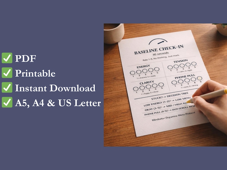May include: A white "Baseline Check-In" printable sheet with a pen marking the form. The form includes sections for energy, clarity, tension, and phone pull. The image also includes the text "PDF, Printable, Instant Download, A5, A4 & US Letter."