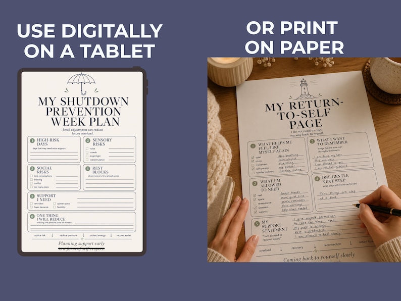 May include: A digital tablet and a printed page with self-care planning templates. The tablet displays "My Shutdown Prevention Week Plan" with sections for risks and support. The printed page is titled "My Return-to-Self Page".